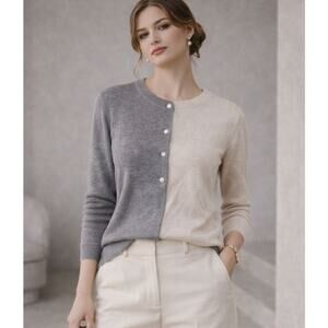 One Grey Day Quiet Luxury Wool Pearl Button Sweater S Two Tone Cream Old Money